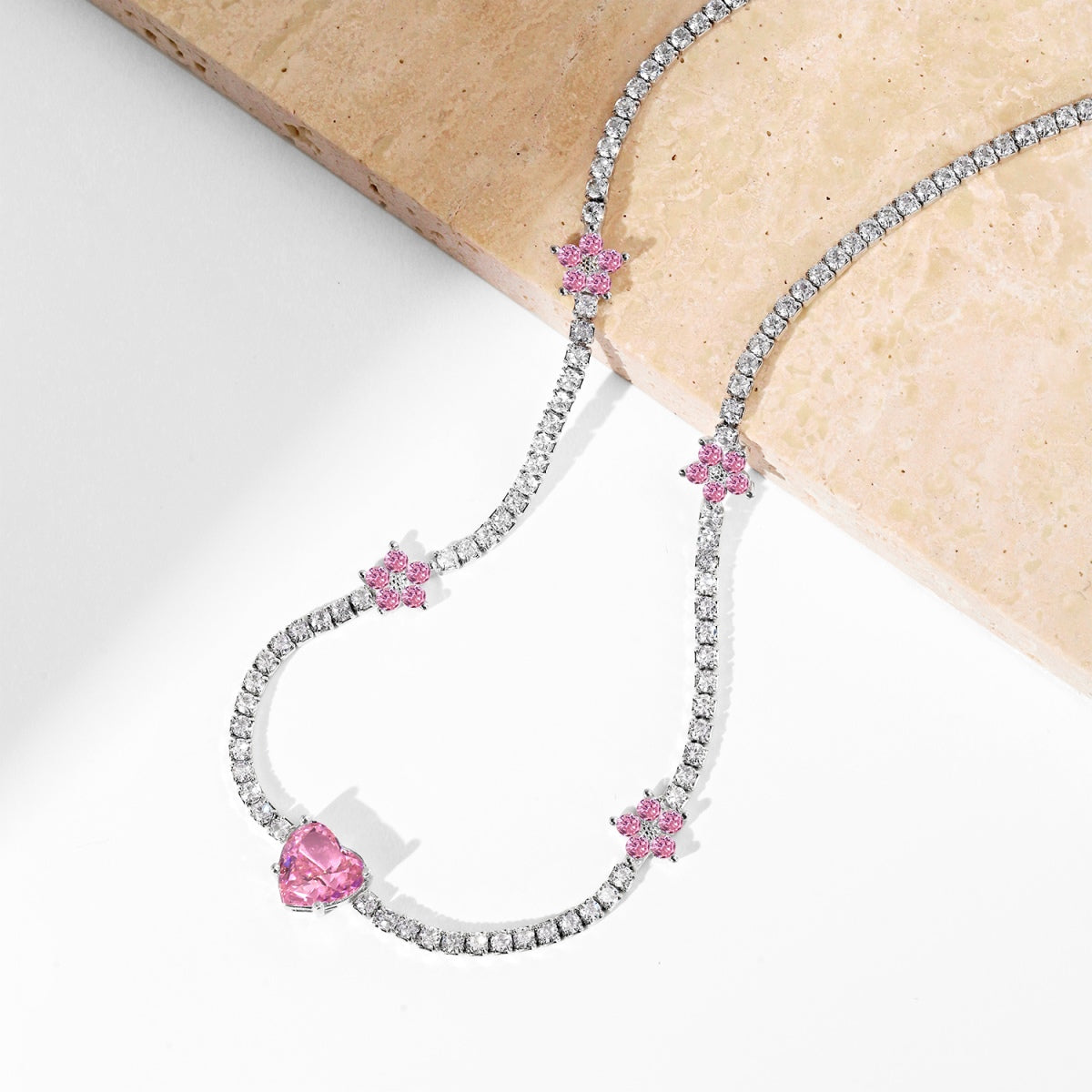 [Kincade Jewelery]Dazzling Pink Heart Flower Necklace