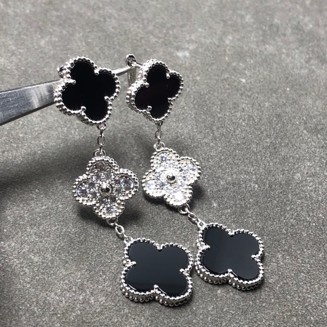 [Kincade Jewelery]Kincade 3 MOTIF DIAMOND ONYX SILVER EARRINGS