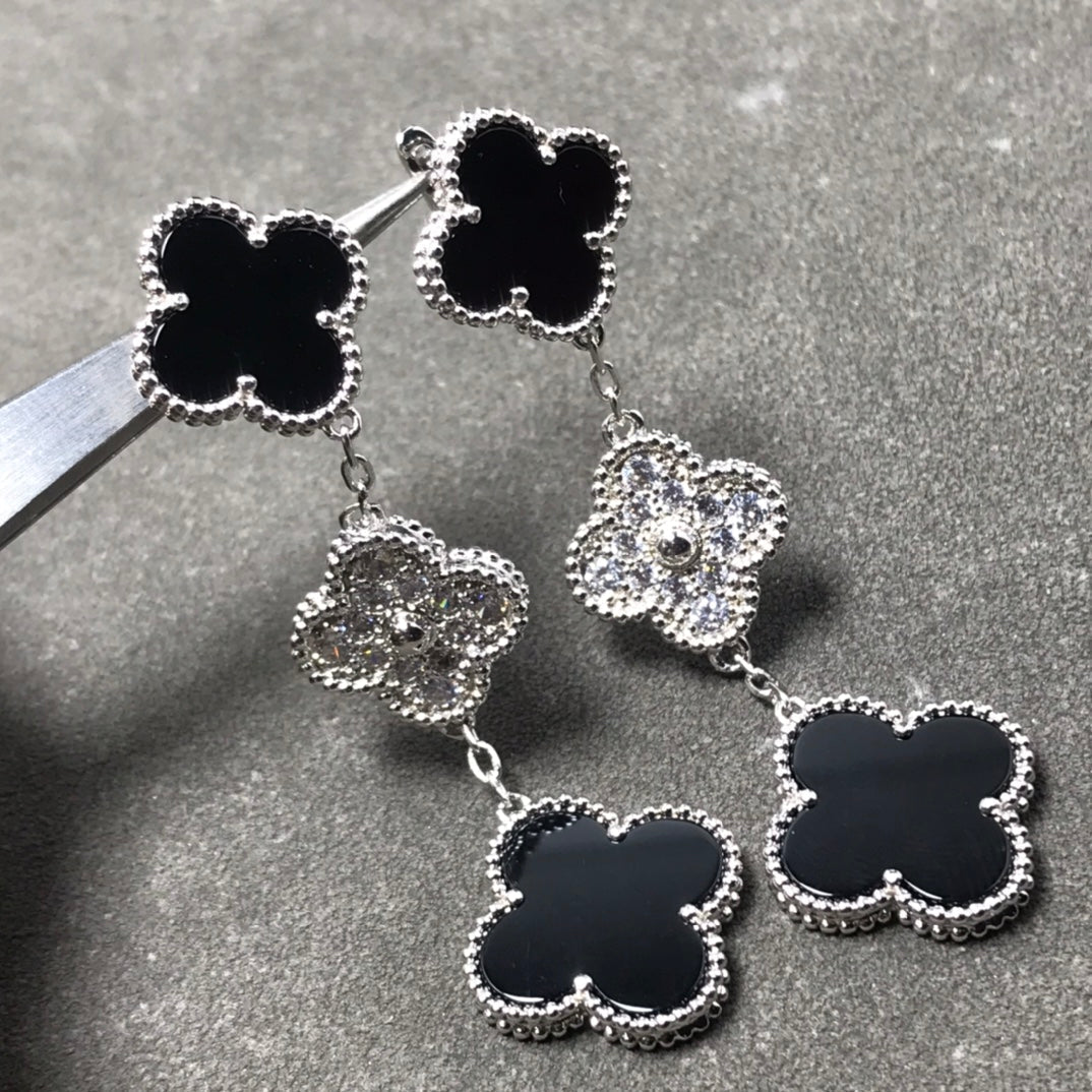 [Kincade Jewelery]Kincade 3 MOTIF DIAMOND ONYX SILVER EARRINGS