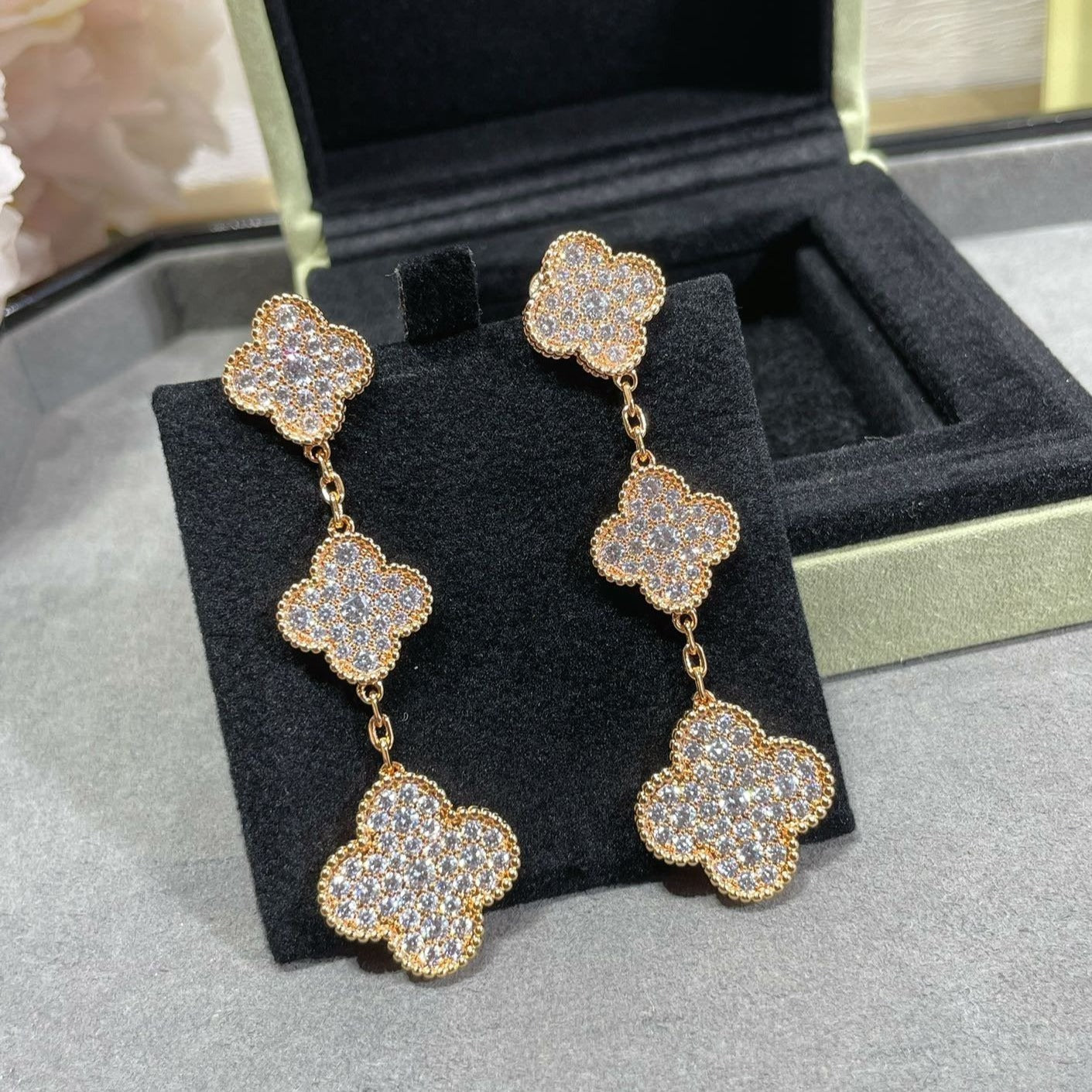 [Kincade Jewelery]Kincade 3 MOTIFS DIAMOND PAVED ROSE GOLD EARRINGS